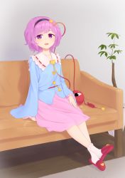 Rule 34 | 1girl, blouse, blue shirt, blush, bobby socks, commentary request, couch, crossed ankles, full body, grey background, hair ornament, hairband, heart, heart hair ornament, highres, indoors, kanpa (campagne 9), komeiji satori, light blush, long sleeves, looking at viewer, on couch, open mouth, outstretched legs, pink skirt, plant, potted plant, purple eyes, purple hair, red footwear, rug, shirt, short hair, sitting, sitting on hand, skirt, slippers, socks, solo, teeth, third eye, touhou, upper teeth only, white socks