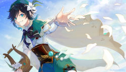 Rule 34 | 1boy, absurdres, androgynous, beret, bird, black hair, blue hair, bow, braid, brooch, cape, cloud, cloudy sky, collared cape, collared shirt, commentary request, corset, day, dutch angle, feathers, flower, frilled sleeves, frills, gem, genshin impact, gradient hair, green cape, green eyes, green hat, green shorts, hat, hat flower, highres, holding, holding instrument, instrument, jewelry, leaf, long sleeves, looking at viewer, lyre, male focus, multicolored hair, open mouth, pantyhose, shirt, short hair with long locks, shorts, side braids, sidelocks, sky, smile, solo, twin braids, venti (genshin impact), vision (genshin impact), white flower, white pantyhose, white shirt, yukigawa0620