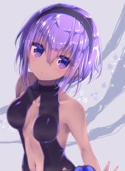 Rule 34 | 1girl, bare arms, bare shoulders, black hairband, blush, breasts, breasts apart, center opening, collarbone, commentary request, dark-skinned female, dark skin, fate/grand order, fate (series), flower, grey background, hair between eyes, hairband, hassan of serenity (fate), looking at viewer, medium breasts, navel, nemuri nemu, parted lips, purple eyes, purple hair, revealing clothes, short hair, sidelocks, solo, standing, stomach, upper body, white flower