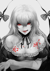 Rule 34 | 1girl, :q, bad id, bad pixiv id, breasts, cleavage, female focus, flower, gap (touhou), gloves, harano, highres, large breasts, lips, long hair, looking at viewer, monochrome, no headwear, no headwear, red eyes, solo, spider lily, spot color, tongue, tongue out, touhou, upper body, yakumo yukari