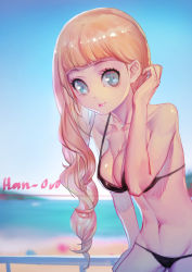 1girl beach bikini blonde_hair blue_eyes day han-0v0 highres leaning_forward lips long_hair original shiny_skin smile strap_gap swimsuit