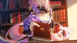 Rule 34 | 1girl, :d, absurdres, ai xiao meng, book, bookshelf, breasts, cleavage, cleavage cutout, clothing cutout, elf, elysia (honkai impact), elysia (miss pink elf), elysia (miss pink elf) (honkai impact), grin, highres, holding, holding book, honkai (series), honkai impact 3rd, library, long hair, long sleeves, open mouth, pink hair, pointy ears, ponytail, shirt, shrug (clothing), smile, solo, table, teeth, white shirt