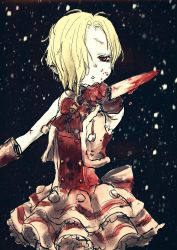 Rule 34 | 1girl, bell, blonde hair, blood, blood on clothes, blood on face, blood stain, bloody knife, bow, commentary, cowboy shot, cropped jacket, ear piercing, frilled skirt, frills, gloves, hair over one eye, highres, holding, holding knife, idolmaster, idolmaster cinderella girls, idolmaster cinderella girls starlight stage, kitchen knife, knife, night, pale skin, parted lips, payama, piercing, pom pom (clothes), present of snow, red bow, red eyes, red gloves, shirasaka koume, short hair, skirt, sleeveless, sleeveless jacket, snowing, solo