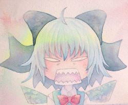 Rule 34 | 1girl, angry, blank eyes, blue hair, bow, cirno, hair bow, ice, ice wings, open mouth, painting (medium), solo, teeth, touhou, traditional media, watercolor (medium), wings, yuyu (00365676)