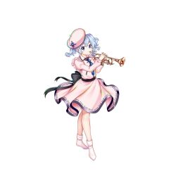 Rule 34 | 1girl, beret, blue eyes, blue hair, closed mouth, dress, full body, hat, highres, holding, holding instrument, instrument, juliet sleeves, long sleeves, looking at viewer, merlin prismriver, pink dress, pink hat, puffy sleeves, rotte (1109), short hair, simple background, socks, solo, sun hat ornament, third-party source, touhou, touhou lostword, trumpet, white background, white socks