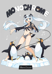 Rule 34 | 10s, 1girl, alternate costume, barefoot, bikini, bird, blue eyes, character name, checkered bikini, checkered clothes, grey background, highres, long hair, microphone, miss monochrome, miss monochrome (character), penguin, silver hair, simple background, solo, swimsuit, twintails, very long hair, xiao (ye yiaoxi)