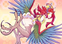 Rule 34 | 1girl, ass, blue feathers, bow, breasts, claws, fang, feathered wings, feathers, green feathers, hair bow, harpy, maguro (guromaguro), monster girl, open mouth, original, red hair, small breasts, solo, talons, winged arms, wings, yellow eyes
