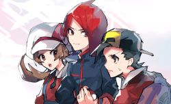Rule 34 | 1girl, 2boys, ahoge, annoyed, backpack, backwards hat, bag, black hair, brown eyes, brown hair, cabbie hat, chikichi, closed mouth, creatures (company), ethan (pokemon), game freak, hat, hat ribbon, high collar, holding, holding poke ball, jacket, looking at viewer, looking away, lyra (pokemon), medium hair, multiple boys, nintendo, poke ball, pokemon, pokemon hgss, red eyes, red hair, ribbon, short twintails, silver (pokemon), sketch, smirk, sweatdrop, twintails