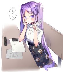 Rule 34 | 1girl, alternate costume, calculator, casual, commentary request, contemporary, fate/grand order, fate (series), holding, holding pencil, jewelry, kanro ame (ameko), long hair, looking at viewer, necklace, open mouth, paper, pencil, purple eyes, purple hair, shirt, short sleeves, sitting, skirt, solo, stheno (fate), translation request, twintails, twitter username, very long hair, white shirt