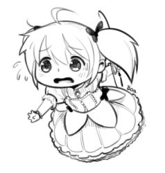 Rule 34 | ahoge, blush, boa (brianoa), chibi, commentary, d:, dress, flying sweatdrops, gown, greyscale, hair ribbon, kaname madoka, lowres, mahou shoujo madoka magica, mahou shoujo madoka magica (anime), monochrome, open mouth, ribbon, short hair, short twintails, signature, simple background, solo, sweatdrop, twintails, white background, wide face, worried