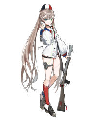 Rule 34 | 1girl, absurdres, asymmetrical legwear, blue eyes, blue socks, bolt-action rifle, brown hair, carbine, choker, de lisle (girls&#039; frontline), de lisle carbine, earbuds, earphones, expressionless, full body, girls&#039; frontline, green eyes, gun, heterochromia, highres, integral suppressor, integrally-suppressed firearm, long hair, long sleeves, looking at viewer, mismatched legwear, mole, mole under eye, multicolored hair, pistol-caliber carbine, pouch, red socks, rifle, safety pin, sakatakin, shoes, socks, solo, stitched leg, stitches, streaked hair, suppressor, thigh pouch, twintails, uneven legwear, very long hair, weapon, white background, white hair
