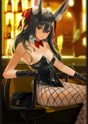 Rule 34 | 1girl, absurdres, animal ear fluff, animal ears, arm rest, bag, bar (place), bare shoulders, black bag, black gloves, black hair, black leotard, black pantyhose, blurry, blurry background, bottle, bow, bowtie, breasts, champagne flute, chanel, cleavage, collar, commentary, cup, detached collar, drinking glass, feet out of frame, fishnet pantyhose, fishnets, from side, gloves, hair between eyes, hair intakes, hair ribbon, handbag, highres, indoors, knees out of frame, latex, latex gloves, latex leotard, leotard, lessa, long hair, looking at viewer, medium breasts, original, pantyhose, parted lips, playboy bunny, rabbit ears, rabbit tail, red bow, red bowtie, red eyes, red ribbon, ribbon, sitting, smile, solo, strapless, strapless leotard, tail, thighs, white collar