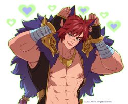 Rule 34 | 1boy, abs, bara, bare pectorals, blush, half-closed eyes, heart, heart background, highres, league of legends, looking at viewer, male focus, muscular, muscular male, navel, pectorals, red hair, scar, scar on face, scar on nose, sett (league of legends), short hair, smile, solo, thick eyebrows, tongue, tongue out, upper body, yotti