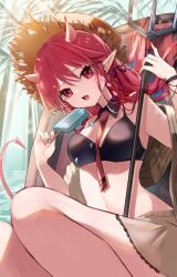 Rule 34 | 1girl, arknights, bare shoulders, bikini, black bikini, braid, breasts, brown hat, commentary request, demon girl, demon horns, demon tail, feet out of frame, food, hair between eyes, hat, highres, holding, holding food, holding polearm, holding weapon, horns, long hair, medium breasts, navel, palm tree, pointy ears, polearm, popsicle, red eyes, red hair, saiko (saisaka), solo, straw hat, swimsuit, tail, tree, trident, very long hair, vigna (arknights), vigna (casual vacation) (arknights), weapon