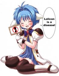 Rule 34 | 00s, 1girl, animal ears, black thighhighs, blue hair, blush, broccoli (company), dress, english text, flat chest, full body, galaxy angel, gloves, gold trim, hair intakes, happy, macro, meme, mint blancmanche, open mouth, pedophile, placard, short dress, short hair, sign, simple background, sitting, smile, solo, speech bubble, thighhighs, truth, wariza, white background, zettai ryouiki