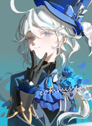 Rule 34 | 1girl, absurdres, ahoge, ascot, black gloves, black shirt, blue ascot, blue background, blue eyes, blue hat, blue jacket, brooch, closed mouth, commission, furina (genshin impact), genshin impact, gloves, hair between eyes, hand to own mouth, hand up, hat, heterochromia, highres, jacket, jewelry, long hair, long sleeves, open clothes, open jacket, purple eyes, rosehip t72, shirt, sidelocks, simple background, smile, solo, top hat, twitter username, upper body, watermark, white hair