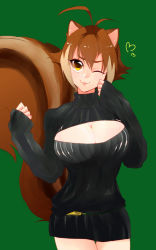 Rule 34 | 1girl, ;p, animal ears, antenna hair, belt, blazblue, breasts, brown eyes, brown hair, cleavage, cleavage cutout, clothing cutout, female focus, gomako, green background, head tilt, large breasts, makoto nanaya, meme attire, miniskirt, one eye closed, open-chest sweater, ribbed sweater, short hair, skirt, sleeves past wrists, solo, squirrel ears, squirrel tail, sweater, tail, thigh gap, tongue, tongue out, turtleneck