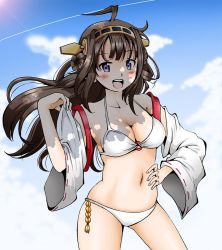 Rule 34 | 10s, 1girl, adapted costume, ahoge, bikini, blue sky, blush, breasts, brown eyes, brown hair, cleavage, cloud, commentary request, contrapposto, day, detached sleeves, double bun, grey eyes, hair bun, hairband, halterneck, hand on own stomach, hand up, headgear, kantai collection, kongou (kancolle), looking at viewer, medium breasts, navel, o-ring, o-ring bikini, o-ring top, open mouth, shade, shino (ponjiyuusu), sidelocks, sketch, sky, smile, solo, standing, swimsuit, white bikini, wide sleeves