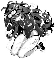 Rule 34 | 1girl, antenna hair, azur lane, azur lane: slow ahead, bodysuit, commentary request, curvy, diving suit, goggles, goggles on head, greyscale, highleg, highleg swimsuit, hori (hori no su), leg tattoo, long hair, long sleeves, messy hair, monochrome, official art, one-piece swimsuit, shaded face, springsuit, swimsuit, tattoo, thick thighs, thighs, torricelli (azur lane), very long hair, wet, wetsuit, wide hips