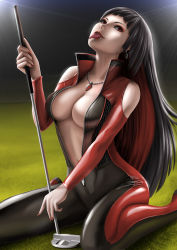 Rule 34 | 1girl, artist name, bare shoulders, birdie wing: golf girls&#039; story, black hair, breasts, cleavage, earrings, fangs, golf club, grass, highres, holding, holding golf club, jewelry, kneeling, large breasts, looking at viewer, multicolored hair, nail polish, navel, necklace, no bra, outdoors, red eyes, red hair, red nails, solo, spj, tongue, tongue out, unzipped, vip&egrave;re