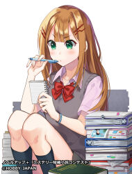 Rule 34 | 1girl, black skirt, black socks, book, book stack, bow, brown hair, closed mouth, collared shirt, copyright notice, copyright request, feet out of frame, green eyes, hair ornament, hairclip, hands up, holding, holding pen, knees up, long hair, nekozuki yuki, notepad, official art, pen, pleated skirt, red bow, school uniform, shirt, short sleeves, simple background, skirt, socks, solo, sweater vest, v-shaped eyebrows, very long hair, white background, white shirt