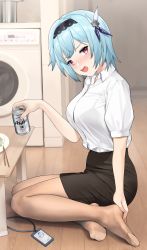 Rule 34 | 1girl, absurdres, beer can, black skirt, blouse, blue hair, bra visible through clothes, breasts, butterfly hair ornament, can, chopsticks, contemporary, drink can, drunk, eula (genshin impact), food, genshin impact, hair ornament, hairband, highres, holding, holding can, hyouuma, indoors, large breasts, looking at viewer, office lady, on floor, paid reward available, pantyhose, purple eyes, see-through, see-through legwear, seiza, shirt, short hair, sitting, skirt, soles, table, washing machine, white shirt