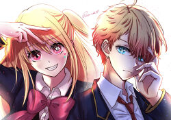 Rule 34 | 1boy, 1girl, absurdres, black vest, blazer, blonde hair, blue eyes, blue jacket, bow, bowtie, brother and sister, clenched teeth, collared shirt, commentary request, dress shirt, earrings, esora-arts, facial mark, hair between eyes, hand on own face, hand up, heart, heart facial mark, highres, hoshino aquamarine, hoshino ruby, jacket, jewelry, light particles, long hair, long sleeves, looking at viewer, mismatched pupils, necktie, one side up, oshi no ko, partial commentary, pink bow, pink bowtie, pink eyes, red necktie, school uniform, shade, shadow, shirt, short hair, siblings, sidelocks, signature, simple background, smile, star-shaped pupils, star (symbol), star facial mark, symbol-shaped pupils, teeth, twins, upper body, v, vest, white background, white shirt, youtou high school uniform