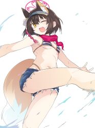 Rule 34 | 1girl, animal ears, bikini, blue archive, blue shorts, breasts, brown hair, feet out of frame, fox ears, fox tail, hair between eyes, halo, highres, izuna (blue archive), izuna (swimsuit) (blue archive), official alternate costume, one eye closed, open mouth, pearlgang e, pink halo, short hair, shorts, simple background, small breasts, smile, solo, striped bikini, striped clothes, swimsuit, tail, white background, yellow eyes