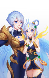 Rule 34 | alternate costume, armlet, bare shoulders, blue eyes, bracelet, breasts, cleavage, closed mouth, covered navel, dawnbringer riven, hair between eyes, hair ornament, highres, jewelry, kezi, league of legends, looking at viewer, lunar empress lux, lux (league of legends), medium breasts, navel, riven (league of legends), short hair, smile, standing, white background, white hair, wings