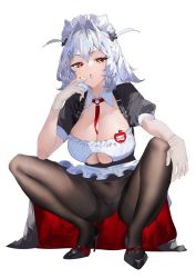 Rule 34 | 1girl, badge, black footwear, black pantyhose, breasts, cigarette, cleavage cutout, clothing cutout, commentary request, detached collar, gloves, grey hair, high-waist pantyhose, high heels, highres, holding, holding cigarette, ichibi, large breasts, looking at viewer, maid, maid headdress, medium hair, open mouth, original, panties, pantyhose, puffy short sleeves, puffy sleeves, red eyes, shoes, short sleeves, simple background, smoking, solo, squatting, underwear, white background, white gloves, white panties