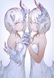 Rule 34 | 2girls, bob cut, claws, collarbone, colored sclera, dress, heterochromia, holding, holding hands, horns, mogumo, multiple girls, original, pink sclera, pointy ears, purple eyes, short hair, simple background, white dress, white hair