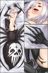 Rule 34 | 10s, 1girl, arachne, arthropod girl, ass, blush, breasts, claws, close-up, dakimakura (medium), extra eyes, from above, hair over eyes, insect girl, jing li, light purple hair, lying, monster girl, monster musume no iru nichijou, multiple legs, multiple views, nipples, on bed, on stomach, parted lips, rachnera arachnera, red eyes, skull, solid eyes, spider girl, taur, watermark