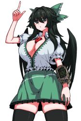 Rule 34 | 1girl, accessories, bird wings, black eyes, black hair, black thighhighs, bow, breasts, cowboy shot, fallout (series), formicid, green bow, green headwear, green skirt, hair bow, highres, large breasts, long hair, looking at viewer, miniskirt, open clothes, pip boy, pointing, pointing up, puffy short sleeves, puffy sleeves, reiuji utsuho, shirt, short sleeves, simple background, skirt, solo, thighhighs, third eye on chest, touhou, white background, white shirt, wings