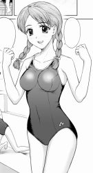 Rule 34 | 1girl, braid, competition swimsuit, greyscale, hair over shoulder, monochrome, one-piece swimsuit, original, solo, speech bubble, swimsuit, twin braids