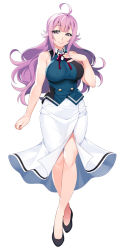 Rule 34 | 1girl, ahoge, full body, grisaia (series), grisaia phantom trigger, hand on own chest, ikoma yuuki, long hair, looking at viewer, official art, pink eyes, pink hair, simple background, skirt, sleeveless, smile, solo, watanabe akio, wavy hair, white background, white skirt