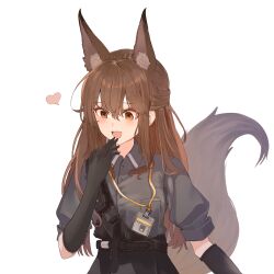 Rule 34 | 1girl, animal ear fluff, animal ears, arknights, belt, black belt, black gloves, black skirt, breasts, brown hair, buttons, collared shirt, commentary, elbow gloves, fox ears, fox girl, fox tail, franka (arknights), gloves, grey shirt, hair between eyes, hand up, heart, highres, id card, long hair, looking to the side, medium breasts, open mouth, orange eyes, pocket, puffy short sleeves, puffy sleeves, shirt, short sleeves, sidelocks, simple background, skirt, smile, solo, standing, suzubotan, tail, tongue, white background