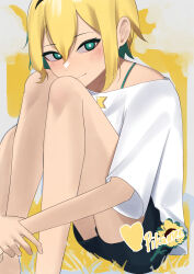 Rule 34 | 1girl, absurdres, amano pikamee, black shorts, blonde hair, blush, character name, colored inner hair, commentary, flower, green eyes, green hair, hair between eyes, head on knees, heart, highres, holding own arm, knees to chest, looking at viewer, multicolored hair, off-shoulder shirt, off shoulder, rizu pann, shirt, short hair, shorts, sitting, smile, solo, sunflower, symbol-only commentary, two-tone hair, virtual youtuber, voms, white shirt