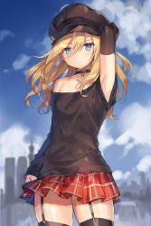 Rule 34 | 1girl, arm up, armpits, asymmetrical clothes, black gloves, black neckwear, black thighhighs, blonde hair, blue eyes, blue sky, blush, cabbie hat, choker, cloud, commentary request, day, earrings, garter straps, gloves, hair between eyes, hat, highres, jewelry, long hair, looking at viewer, momoko (momopoco), off shoulder, original, outdoors, pentagram, plaid, plaid skirt, pleated skirt, single glove, skirt, sky, solo, thighhighs