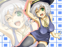 Rule 34 | 1girl, armpits, black thighhighs, breasts, face, female focus, fukunaga kazuhiro, green eyes, hat, highres, komeiji koishi, large breasts, one-piece swimsuit, one eye closed, school swimsuit, short hair, silver hair, solo, swimsuit, thighhighs, touhou, wallpaper, wink, zoom layer