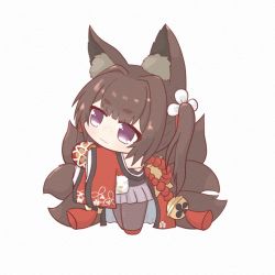 Rule 34 | 1girl, amagi-chan (azur lane), animal ear fluff, animal ears, azur lane, ball, bare shoulders, bell, black pantyhose, blunt bangs, brown hair, brown tail, chibi, closed mouth, commentary request, fox ears, fox tail, full body, hair intakes, holding, holding ball, japanese clothes, kendama, kimono, long hair, mokezi, multiple tails, off shoulder, pantyhose, purple eyes, red kimono, rope, shimenawa, sidelocks, simple background, smile, solo, standing, tail, thick eyebrows, twintails, white background, wide sleeves