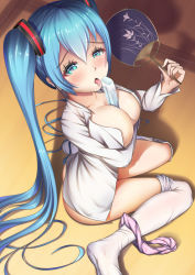 Rule 34 | 1girl, aqua eyes, aqua hair, ass, between breasts, blouse, breast hold, breasts, food, from above, hair between eyes, hatsune miku, highres, large breasts, long hair, looking at viewer, open clothes, open shirt, panties, panties around leg, popsicle, shirt, solo, thighhighs, thighhighs pull, twintails, underwear, very long hair, vocaloid, white shirt, white thighhighs, wooden floor, xiaosan ye