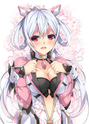 Rule 34 | 1girl, ahoge, black bra, bra, breasts, cherry blossoms, cleavage, cleavage cutout, clothing cutout, collar, collarbone, floral background, floral print, hair between eyes, hair rings, headgear, highres, innocent cluster, large breasts, long hair, looking at viewer, matoi (pso2), milkpanda, open mouth, phantasy star, phantasy star online 2, red eyes, silver hair, solo, teeth, twintails, underwear, upper body