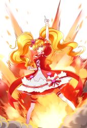 Rule 34 | 1girl, :o, arm up, asahina mirai, blonde hair, bow, cure miracle, cure miracle (ruby style), duke778, elbow gloves, explosion, full body, gloves, hair bow, hat, highres, long hair, magical girl, mahou girls precure!, mini hat, mini witch hat, petticoat, pink hat, pointing, precure, purple eyes, red bow, ruby style, serious, skirt, solo, striped, striped bow, thighhighs, twintails, white background, white gloves, white thighhighs, witch hat