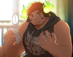 Rule 34 | 1boy, :q, after masturbation, animal ears, backlighting, bara, bare arms, black hoodie, blush, cow boy, cow ears, cow horns, cum, cum on hands, facial hair, fiery horns, forked eyebrows, glowing horns, goatee, haishiba ame, highres, holding tissue, hood, hood down, hoodie, horns, indoors, knee up, large pectorals, looking at hand, male focus, muscular, muscular male, out-of-frame censoring, pectorals, short hair, sideburns stubble, sleeveless, sleeveless hoodie, solo, spiked hair, stubble, sunlight, thick eyebrows, tissue, tokyo houkago summoners, tongue, tongue out, upper body, wakan tanka