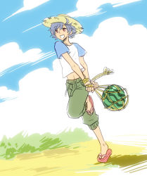 Rule 34 | 1boy, ahoge, alternate costume, blue hair, cloud, day, flip-flops, food, fruit, grass, happy, hat, hato moa, hatoful kareshi, holding, kawara ryouta, male focus, navel, net, official art, open mouth, pants, personification, red eyes, running, sandals, shadow, shirt, sky, solo, standing, standing on one leg, straw hat, t-shirt, watermelon