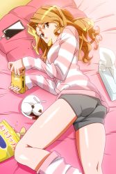 Rule 34 | 1girl, ass, bag of chips, brown eyes, brown hair, cat, cellphone, chips (food), feet out of frame, food, from above, game console, handheld game console, hayasaka akira, holding, long hair, long sleeves, looking at viewer, mouth hold, non-web source, official art, phone, photoshop (medium), pillow, potato chips, shiny skin, snack, solo, striped clothes, striped sweater, super real mahjong, sweater, tanaka ryou, tissue box, video game