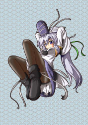 Rule 34 | 1girl, black pantyhose, blush, boots, breasts, detached sleeves, female focus, grey hair, hagami495, hands on own head, hat, highres, japanese clothes, kariginu, large breasts, long sleeves, mononobe no futo, pantyhose, ponytail, short hair, skirt, smile, solo, tate eboshi, touhou, wide sleeves