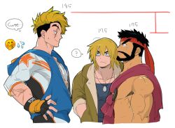 Rule 34 | 3boys, ?, athanjccgg, bara, black hair, blonde hair, blush, coat, connected beard, emoji, english text, eye contact, forked eyebrows, headband, height conscious, huge eyebrows, jacket, ken masters, looking at another, luke sullivan, male focus, medium hair, multiple boys, muscular, muscular male, pectorals, profile, ryu (street fighter), scar, spoken question mark, stats, street fighter, thought bubble, toned, toned male, v-shaped eyebrows, zipper