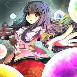 Rule 34 | 1girl, black hair, bow, brown eyes, danmaku, hime cut, houraisan kaguya, long hair, long sleeves, looking at viewer, open mouth, outstretched arms, shirt, skirt, smile, solo, touhou, umigarasu (kitsune1963), very long hair, wide sleeves