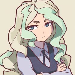 Rule 34 | 1girl, bad id, bad twitter id, blonde hair, blue eyes, closed mouth, crossed arms, diana cavendish, green hair, grey background, grey shirt, little witch academia, long sleeves, multicolored hair, neck ribbon, purple ribbon, purple vest, reiesu (reis), ribbon, shirt, simple background, solo, upper body, vest
